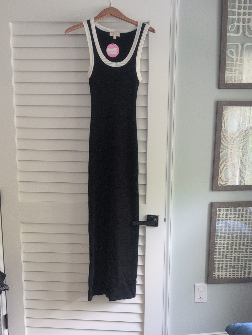 NWT! Elan Body Con Ribbed Black Maxi Dress with White Trim
